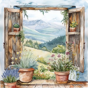 Könnte beinhalten: Ein Aquarellgemälde eines Fensters mit Blick auf eine Bergkette. Das Fenster ist geöffnet und auf der Fensterbank wachsen Pflanzen in Töpfen. Der Text "Downloadable Dreams" ist im Bild sichtbar.