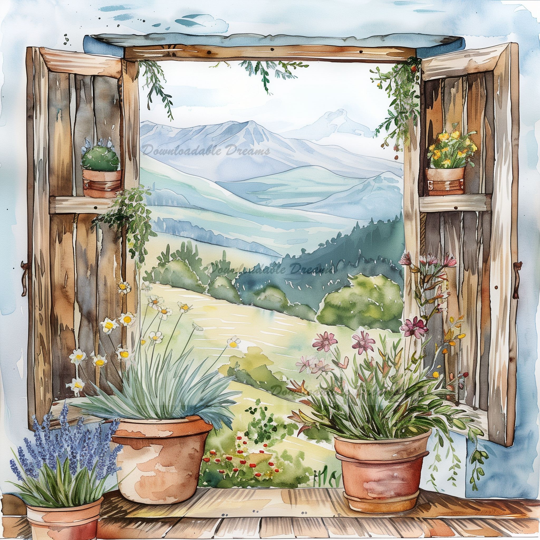 山の景色の水彩画クリップアート：キャビンの窓の風景（デジタル