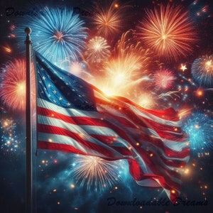 Könnte beinhalten: Eine amerikanische Flagge, die im Wind weht, mit einem Hintergrund aus farbenfrohen Feuerwerken, die am Nachthimmel explodieren. Die roten und weißen Streifen und das blaue Sternenfeld der Flagge sind deutlich zu sehen. Das Bild weckt ein Gefühl von Feier und Patriotismus.