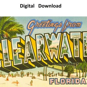 Saludos desde Clearwater Florida Postal Estilo #2- Digital Imprimible Descargar Carta Grande Antigua Imagen Art Déco Antigua Postal de Recuerdo