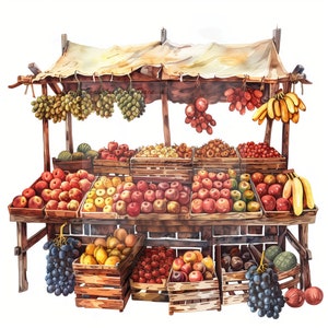 16 Farmer's Market Stands Clipart Bundle Alta calidad Digital JPG Imagen Descargar Derechos Comerciales Invitaciones Revistas Farm Stand Fruits