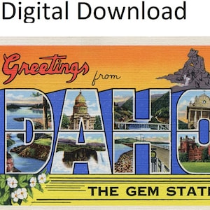 Grüße aus Idaho, Vintage-Postkarte, Stil Nr. 3 – digitaler druckbarer Download – großer Buchstabe, antikes Art-Deco-Bild, alte Souvenir-Postkarte