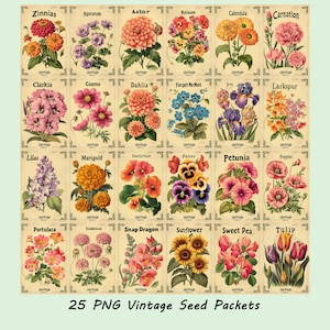 25 wunderschöne Vintage-Blumensamen-Päckchen im PNG-Format, Clipart-Bundle, Scrapbooking-Set, Einladungen, Tagebuch, Karten, Retro-Antik-Pakete, Tulpe, Sonnenblume