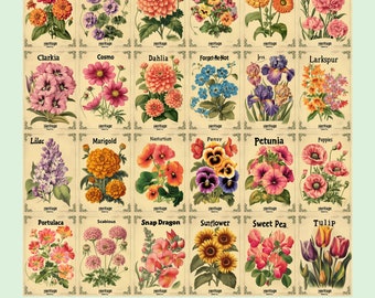 Puede incluir: Un conjunto vintage de 25 paquetes de semillas con ilustraciones de varias flores. Cada paquete tiene un nombre de flor diferente y la palabra "Heritage" impresa en él. Los paquetes están dispuestos en una cuadrícula.