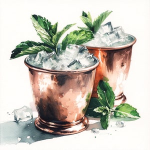 May include: Two copper mugs filled with ice and mint leaves. The mugs are on a white background.