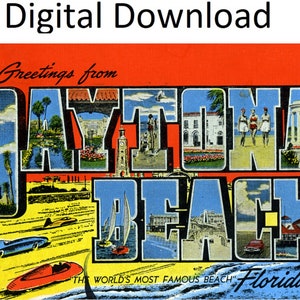 Grüße aus Daytona Beach, Florida, Vintage-Postkarte, Stil Nr. 2, digitaler Download, großer Buchstabe, Art-Deco-Bild, Souvenir-Postkarte