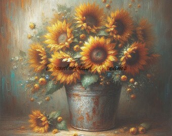 Könnte beinhalten: Ein Stillleben-Gemälde mit Sonnenblumen in einem rostigen Metalleimer. Die Sonnenblumen sind gelb mit braunen Zentren, vor einem strukturierten Hintergrund. Der Eimer steht auf einer Holzoberfläche. Der Text "Downloadable Dreams" ist sichtbar.