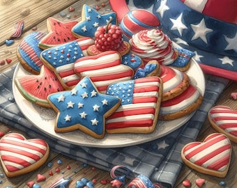 May include: A plate of red, white and blue decorated cookies, including watermelon, star and heart shapes. The cookies are on a white plate with a blue and white checked tablecloth underneath. There is a red, white and blue hat in the background.