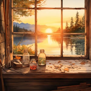 Paquete de 20 imágenes prediseñadas de cabañas rústicas y serenas en el lago: imágenes digitales de alta calidad, descarga instantánea, derechos comerciales completos, vista de ventana de agua de estanque