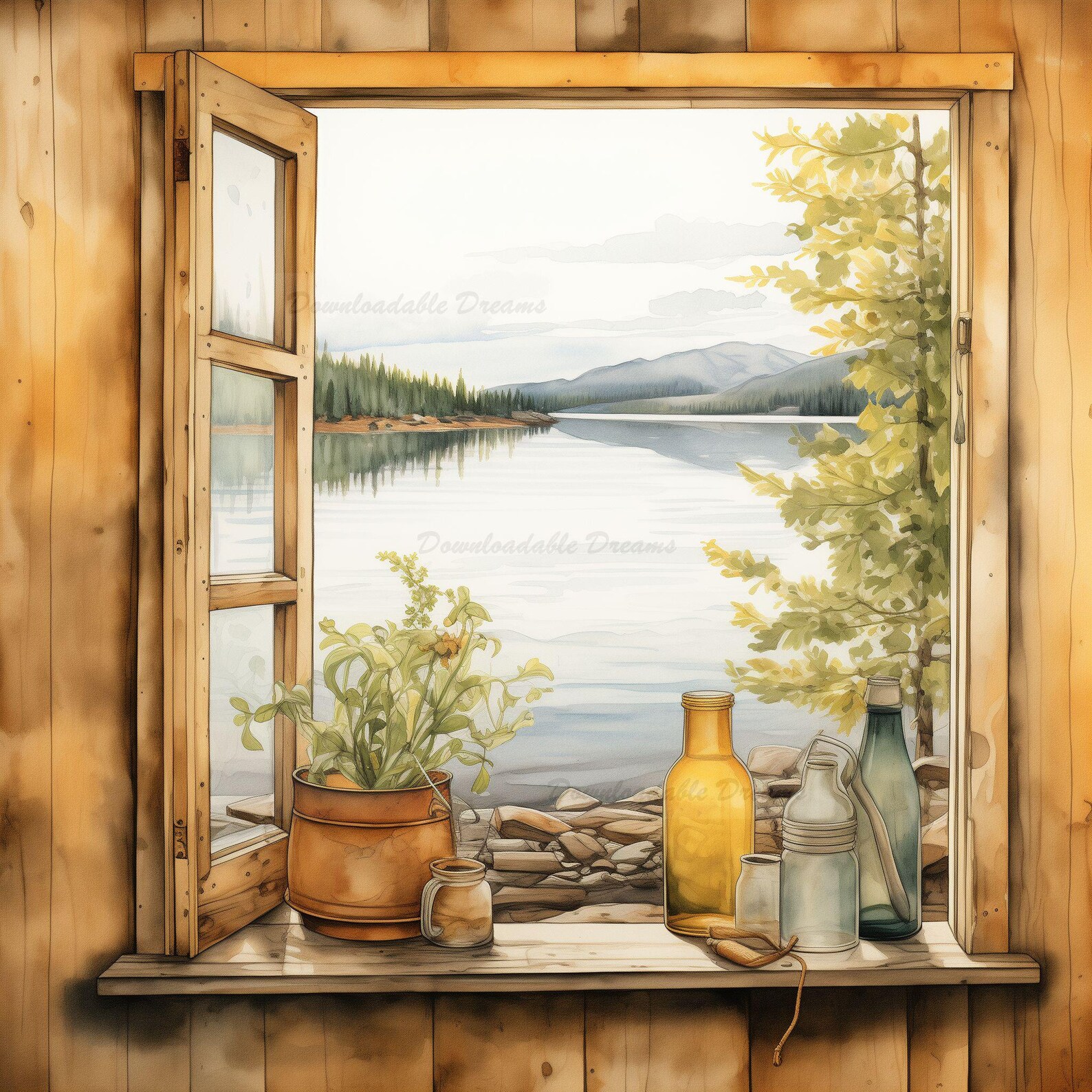 Rustic Spring Window Scenes Rustic Lake Cabin Window Clipart: Serene Watercolor Scenes (digital ...