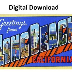Saudações de Long Beach Califórnia Cartão postal vintage estilo # 2 - Download digital para impressão - Carta grande Imagem antiga Cartão postal de arte antiga