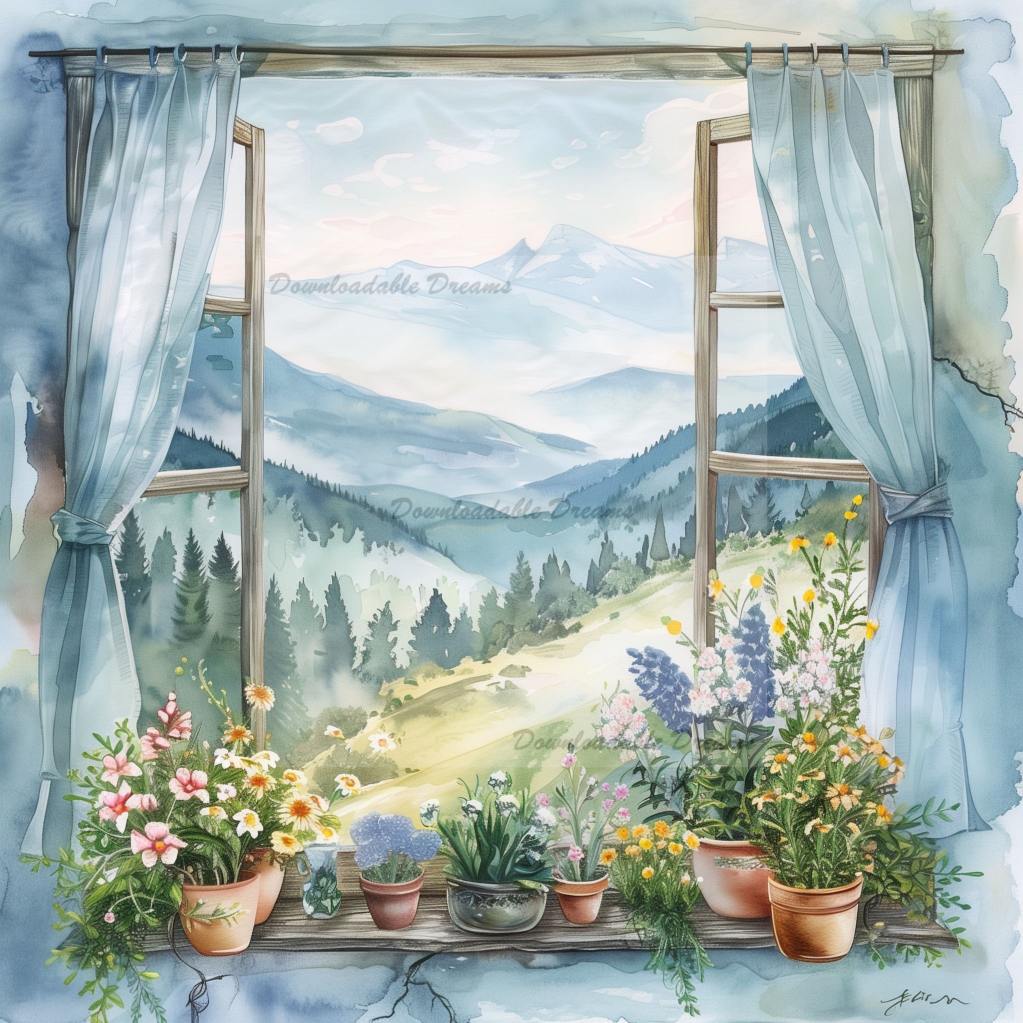 山の景色の水彩画クリップアート：キャビンの窓の風景（デジタル