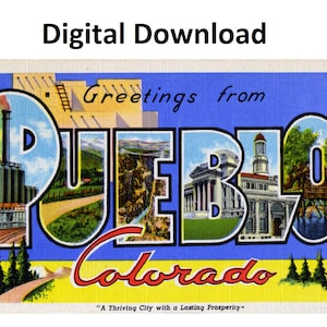 Grüße aus Pueblo Colorado Vintage Postkarte - Digital druckbare Download - Großbrief Antikes Art Deco Bild Alte Souvenir Postkarte