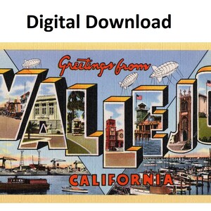 Cartão postal vintage Saudações de Vallejo Califórnia - impressão digital Baixar letra grande antiga imagem art déco cartão postal de lembrança antiga