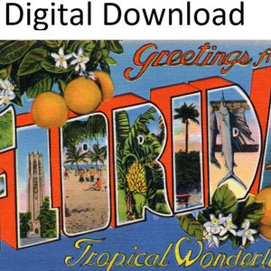 Grüße aus Florida Vintage Postkarte Stil #3 - Digital Druckbare Download - Großbrief Antikes Bild 1930er 1940er Jahre Alte Souvenir Postkarte