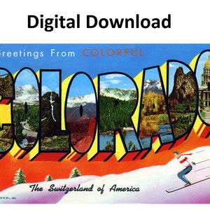 Greetings From Colorado Vintage Postcard Style #4 - Digital Printable Download - Large Letter Antique Art Deco Image Old Souvenir Postcard