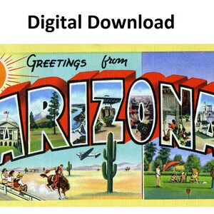 Grüße aus Arizona, Vintage-Postkarte, Stil Nr. 1, digitaler Download, großer Brief, antikes Bild aus den 1930er- und 1940er-Jahren, alte Souvenir-Postkarte