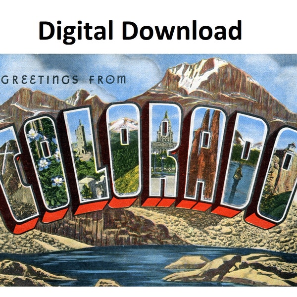 Greetings From Colorado Vintage Postcard Style #3 - Digital Printable Download - Large Letter Antique Art Deco Image Old Souvenir Postcard