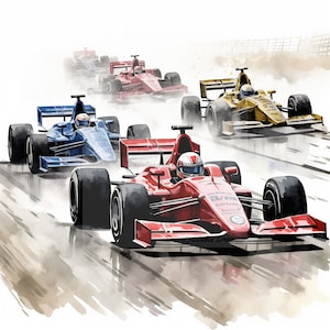Puede incluir: Cuatro coches de carreras compitiendo en una pista mojada. Los coches son rojo, azul, amarillo y rojo. El coche rojo en primer plano está liderando la carrera.