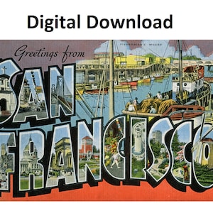 Saudações de São Francisco, Califórnia, cartão postal vintage estilo # 1 - download digital para impressão, letra grande, imagem antiga, cartão postal de arte antiga