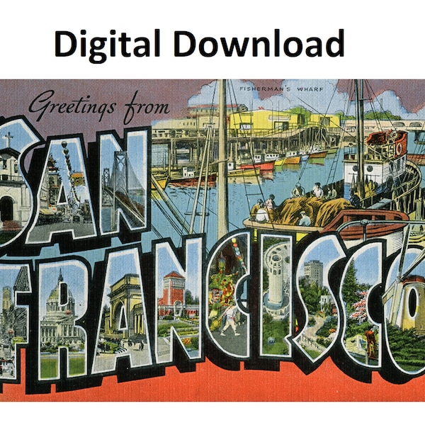 Greetings From San Francisco California Vintage Postcard Style #1 - Digital Printable Download Large Letter Antique Image Old Art Postcard