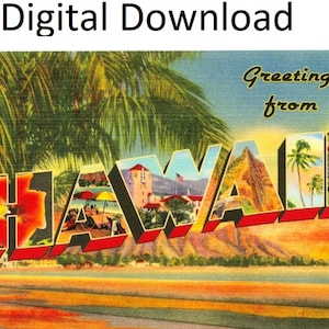 Carte postale vintage Salutations d'Hawaï - Téléchargement numérique imprimable - Grande lettre ancienne carte postale souvenir antique des années 30 et 40