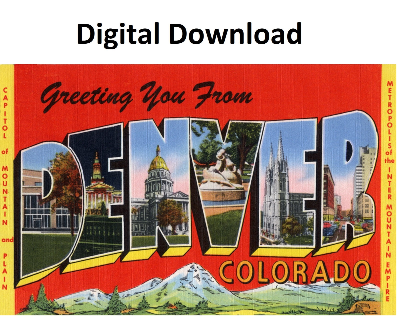 Greetings From Denver Colorado Vintage Postcard Digital Printable