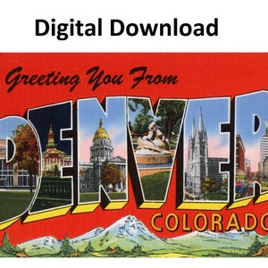 Carte postale vintage Salutations de Denver, Colorado - Téléchargement numérique imprimable - Grande lettre antique Art déco Image ancienne carte postale souvenir