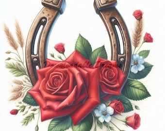 May include: A rusty horseshoe with two red roses and green leaves. The horseshoe is a symbol of good luck and the roses are a symbol of love.