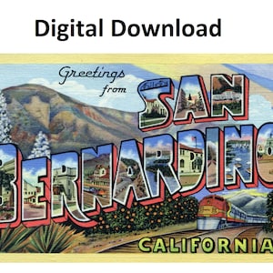 Saudações de San Bernardino Califórnia Cartão postal vintage - Digital para impressão Download Letra grande Antigo Art Déco Imagem Cartão postal antigo