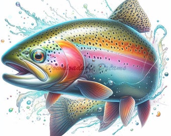May include: A colorful rainbow trout leaps out of the water, creating a splash of blue and green water droplets. The fish has a bright pink and orange belly and a speckled brown back. The image is set against a white background.