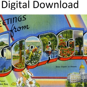 Grüße aus Georgia Vintage Postkarte Stil # 1 - Digital Druckbare Download - Großbrief Antike 1930er 1940er Bild Alte Souvenir Postkarte