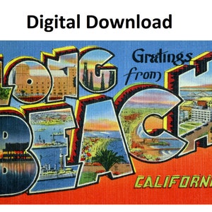 Saudações de Long Beach Califórnia Cartão postal vintage estilo # 1 - Download digital para impressão - Carta grande Imagem antiga Cartão postal de arte antiga