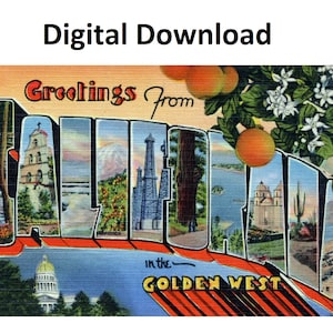 Saudações da Califórnia Estilo de cartão postal vintage # 1 - Download digital para impressão - Carta grande antiga imagem dos anos 30 40 Cartão postal de lembrança antiga