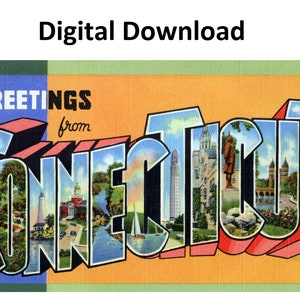 Grüße aus Conneticut Vintage Postkarte Stil # 1 - Digital Druckbare Download Große Buchstabe Antikes Art-Deco-Bild Alte Souvenir-Postkarte