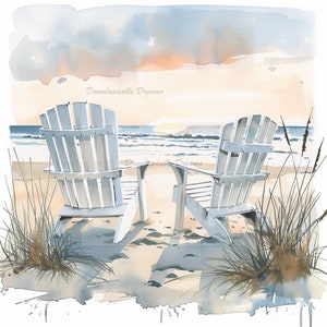12 Serene Adirondack Chair Beach aquarel scènes Clipart bundel hoge kwaliteit Download commerciële rechten uitnodiging Journal Seaside Retreat