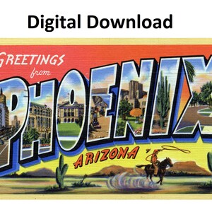 Grüße aus Phoenix, Arizona, Vintage-Postkarte – digitaler Download zum Ausdrucken – großer Buchstabe, antikes Bild aus den 1930er-40er Jahren, alte Souvenir-Postkarte