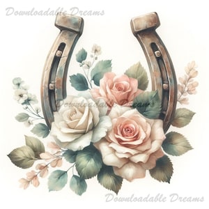 Puede incluir: Una herradura oxidada con tres rosas en tonos de rosa y blanco. Las rosas están rodeadas de hojas verdes y pequeñas flores blancas.