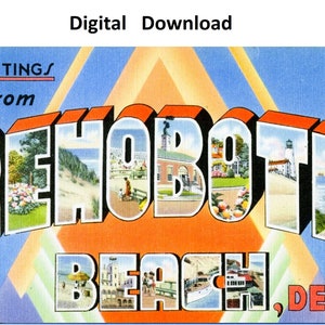 Grüße aus Rehoboth, Delaware, Vintage-Postkarte – digitaler Download, großer Buchstabe, antikes Art-Deco-Bild, alte Souvenir-Postkarte