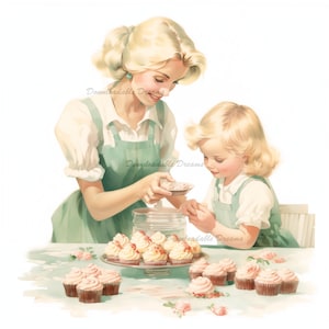 30 Mother Daughter In Cottagecore Style Watercolor Clipart Bundle Scrapbooking Kit Invitations Journals Mother's Day Hugging Cooking Make-Up