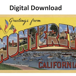 Cartão postal vintage Saudações de Monterey Califórnia - impressão digital Baixar letra grande antiga imagem Art Déco Cartão postal de lembrança antiga