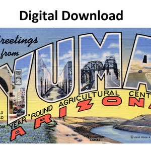 Grüße aus Yuma, Arizona, Vintage-Postkarte – digitaler Download zum Ausdrucken – großer Buchstabe, antikes Bild aus den 1930er-40er Jahren, alte Souvenir-Postkarte