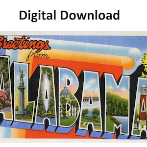 Grüße aus Alabama, Vintage-Postkarte, Stil Nr. 3, digitaler Download, großer Buchstabe, antikes Bild, Souvenir, alte Postkarte aus den 1930er- und 1940er-Jahren