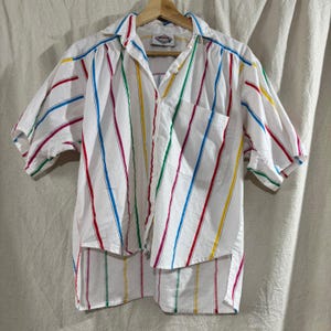 Camicia vintage a righe Helium con bottoni, da donna, taglia L, bianca e multicolore, anni '80 e '90.