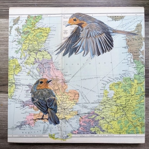 Robin Zug, Original Acrylbild auf Vintage Karte, Rotkehlchen Wand Kunst, Heimweh, Vogel im Flug, Geschenk für Expats, England, USA