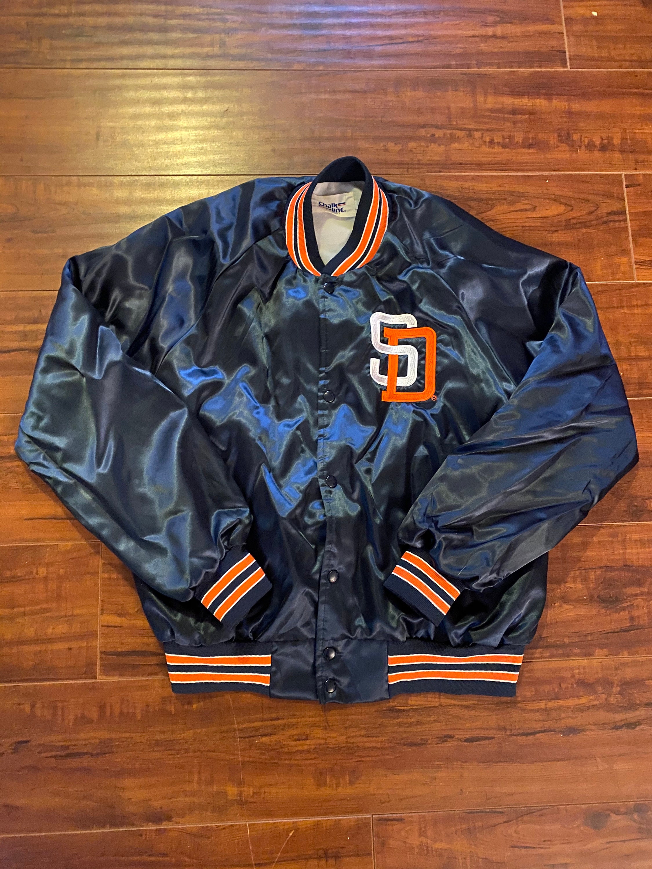 Vintage 90s MLB San Diego Padres Blue Satin Bomber Jacket 