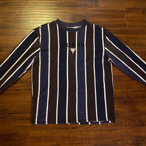 Vintage 90s GUESS Multicolor, Striped, Spell Out, Long Sleeve Tee Shirt sz Small - CLEAN!