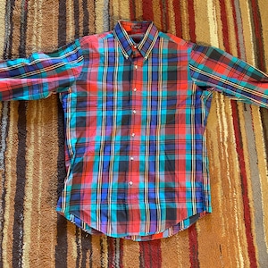 Vintage Ralph Lauren Chaps Designer Multi Color Plaid Button Up Dress Shirt - Medium