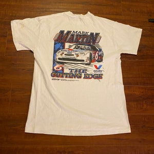Vintage 1996 Mark Martin #6 Nascar White Graphic Pocket Tee Shirt size Large