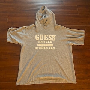 Vintage 90s Guess Hoodie Short Sleeve Gray Tee Shirt - Made in USA - size Medium